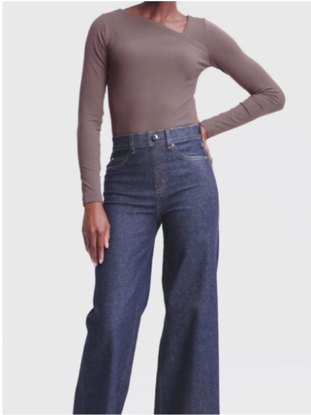 SPANX Ribbed Asymmetric Neck Long-Sleeve Top - Taupe Size Medium